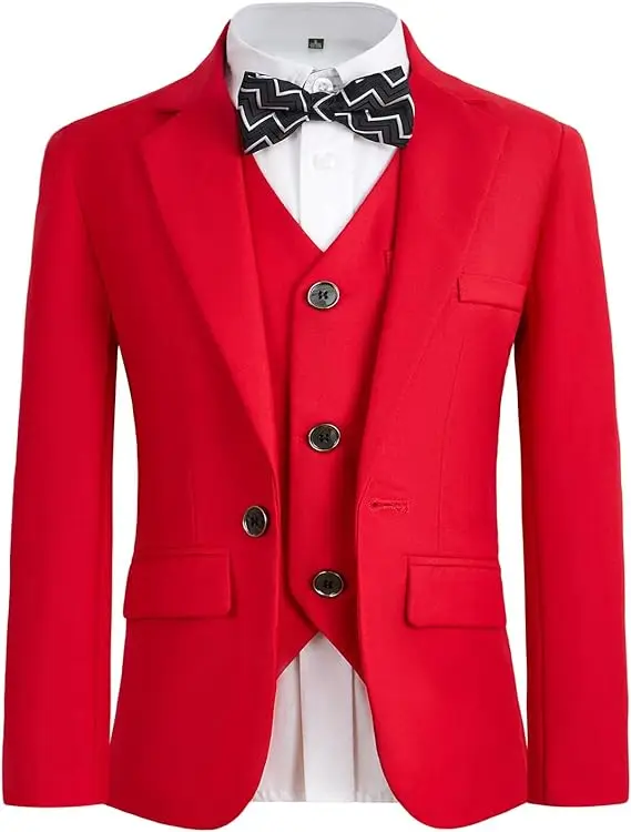 Boys Red New Year Celebration Suit Children Slim Fit Jacket Vest Pants Bowtie Photograph Dress Kids Wedding Performance Costume