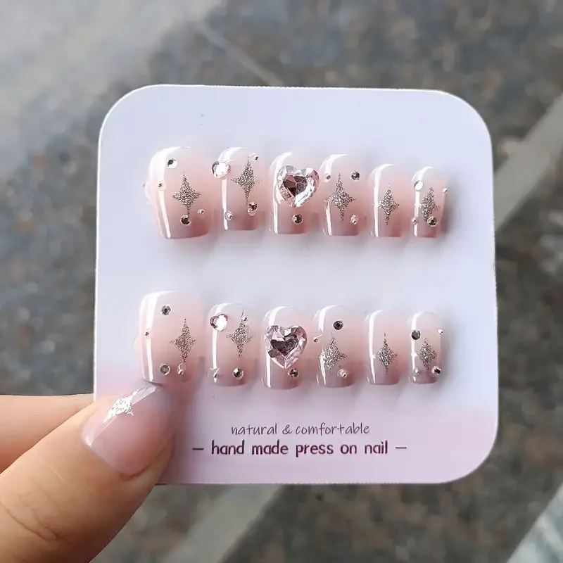 

24pcs Pink Handmade Heart Rhinestone Fake Nails Press On Nails Glossy Ballerina Short False Nails for Valentine's Day Nail Decor