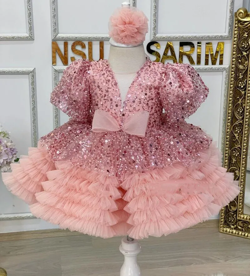 

Luxury Sparkle Blush Baby Girl Dress Sequined Tiered Tulle Short Sleeve Infant Toddler Tutu Kid First Birthday Party Gown