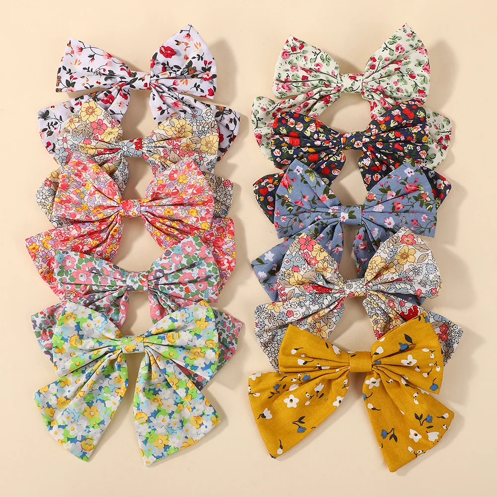 Zufällige Farbe, 10 Stück, florale Baumwolle, Kinder-Bögen, Haarspange, bedruckt, „Cheer Up Bowknot“, Haarspange für Frauen und Mädchen, Haarnadel-Zubehör
