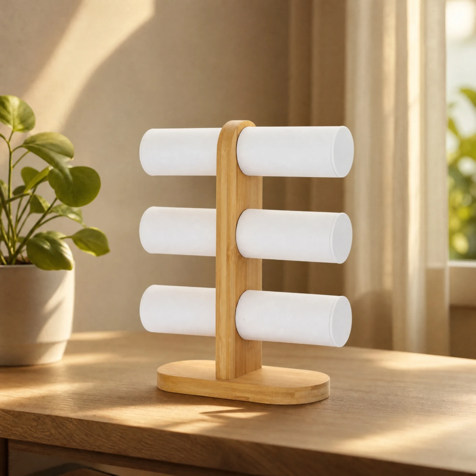 Bamboo Jewelry Display Stand Tangletangle-Proof Tabletop Jewelry Stand with Tiered Rods Organizer Rustic for Countertop