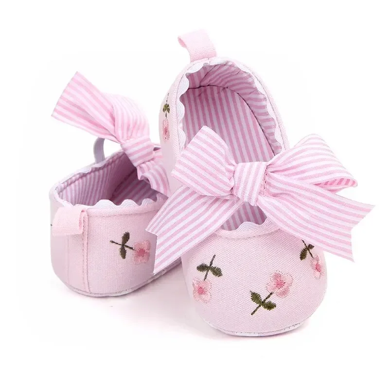 Meckior Bowknot sapatos impressos para meninas do bebê, sola macia, anti-derrapante, princesa rasa, primeiro Walker, berço, novo