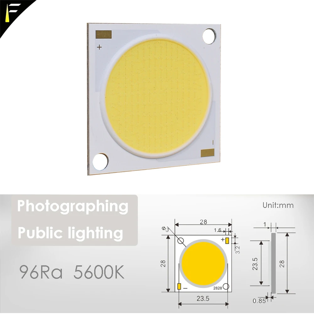 

Commercial Live Broadcast High 96 CRI 5600K Photography Lighting Source 100W 36V-40V COB LED DayLight Series 28x28mm