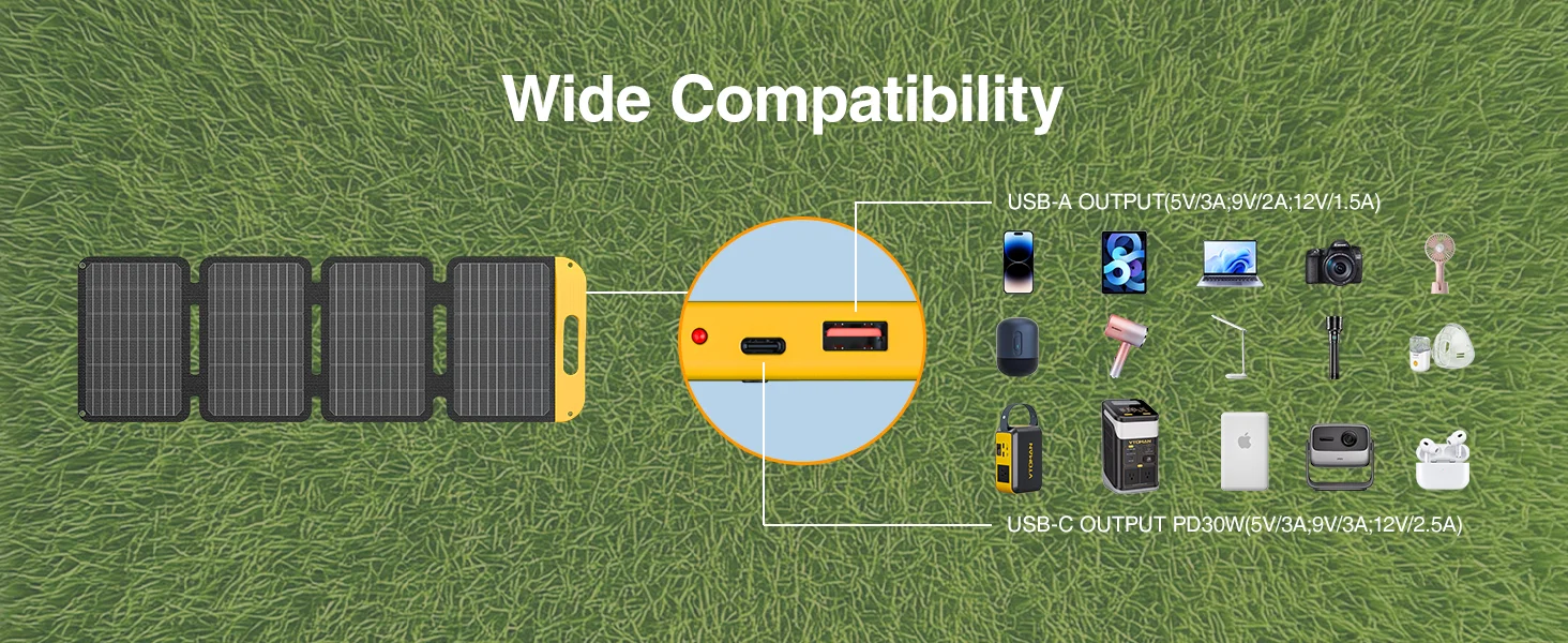 VTOMAN 40W Foldable Mini Solar Panel with USB-C & USB-A Outputs, Waterproof Solar Charger for Phones, Tablets, Jump 100 & FS300 Power Stations, Ideal for Camping, Hiking & Backpacking