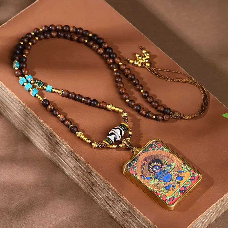 Chinese Tibetan Style Hand Woven Wood Bead Necklace Dzi Bead Zakiram Thangka Pendant Lucky Blessing Wealth Attracting Amulet Jew