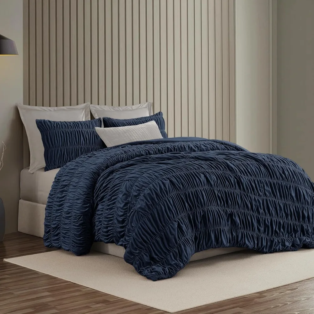 

Elegant Velvet Navy King Quilt Set, Handmade Ruffled Crinkle Stripe Reversible 3-Piece Cotton Bedding