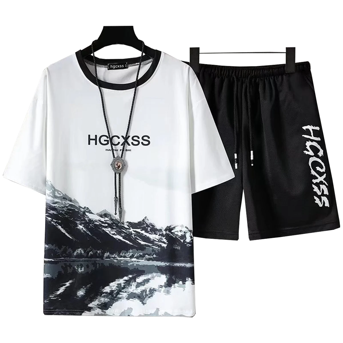Men's Short Sleeved T-shirt Casual Shorts Letter Gradient Printed Pattern Round Neck Top Youth Student Summer Sportswear
