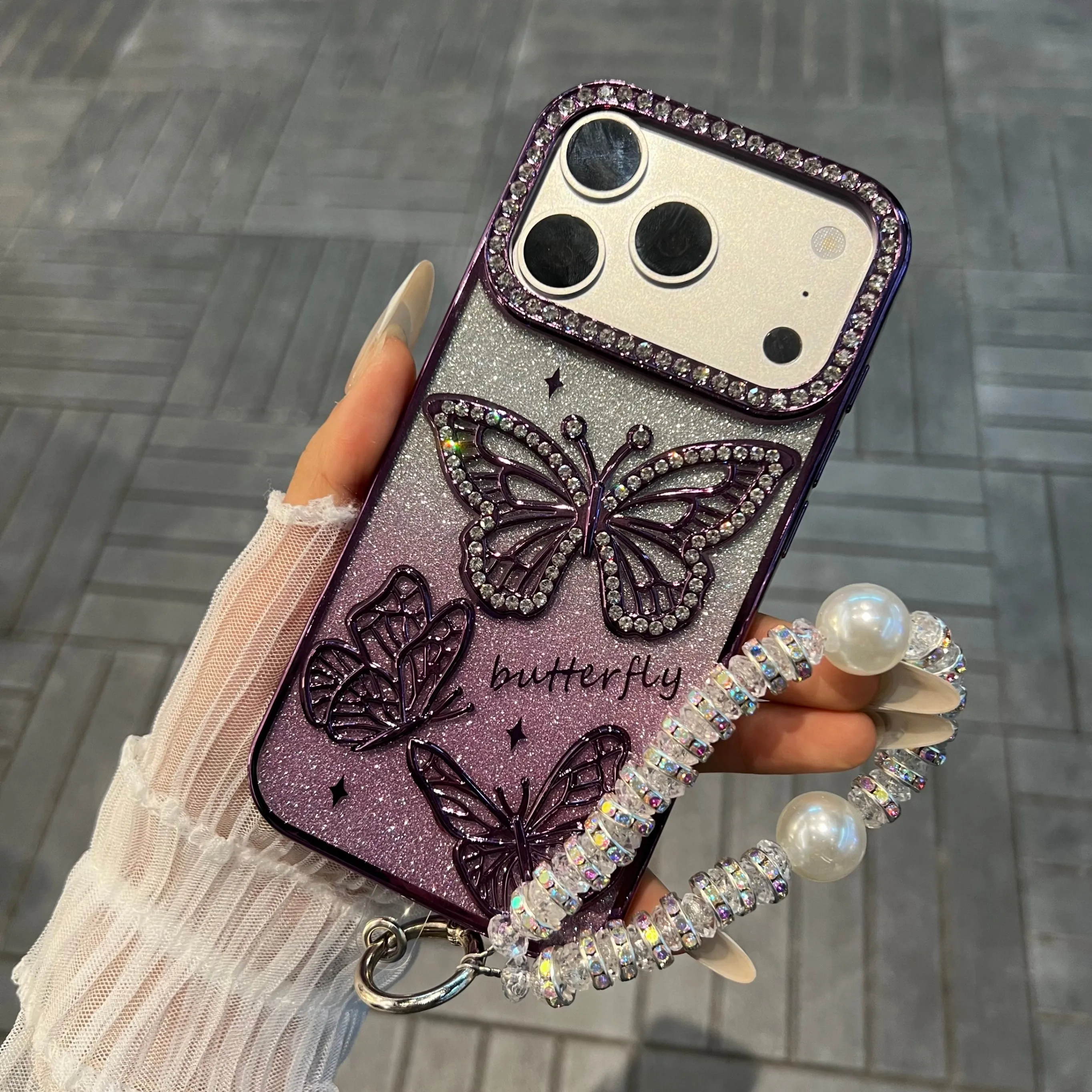 

Luxury 3D Butterfly Rhinestone Phone Case Suitable for iPhone 17 Pro Max Shiny Anti Drop Protective Case violet