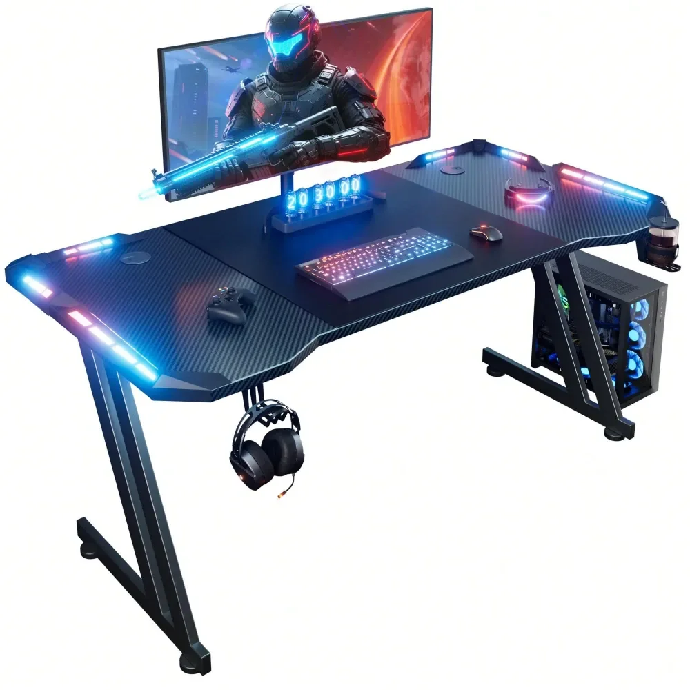 

Gaming Desk With LED Lights Carbon Fibre Surface Gaming Table Large Computer Desk Ergonomic Home Office Desks Z Shaped PC Gamer