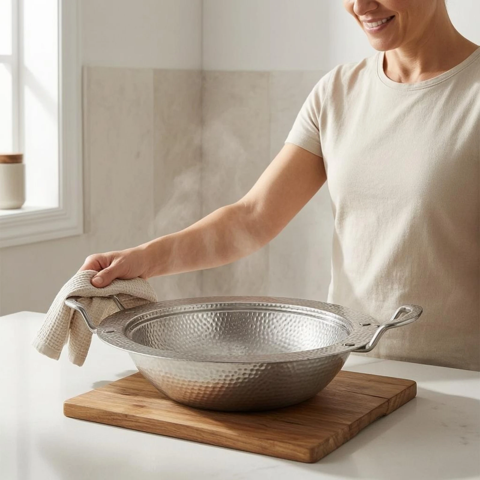 Round Stainless Steel Serving Pan Wide Rim Hammered Stainless Steel Frying Pan Cookware Shallow Scratch Resistant for Cooking