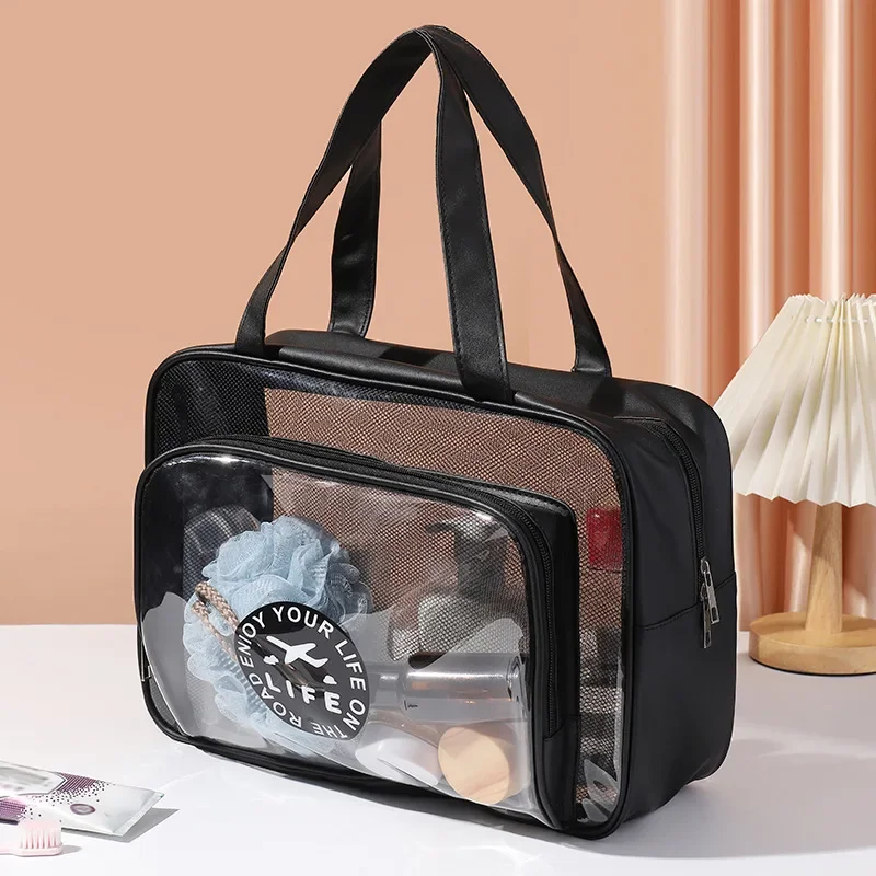 Large capacity transparent PU makeup bag for women, portable toiletries storage bag