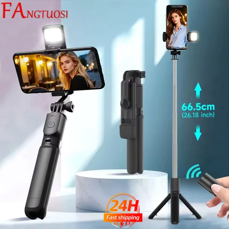 Bastão de Selfie FANGTUOSI com Tripé, Controle Remoto Bluetooth Sem Fio e Suporte para Celular com Luz LED de Beleza