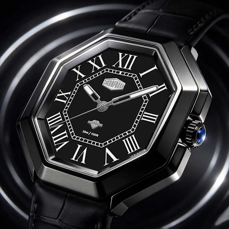 HEROFORCE Octagon Men's Watch Black Leather Strap Roman Numeral Dial Quartz Wristwatch Waterproof Business Dress Watch for Men
