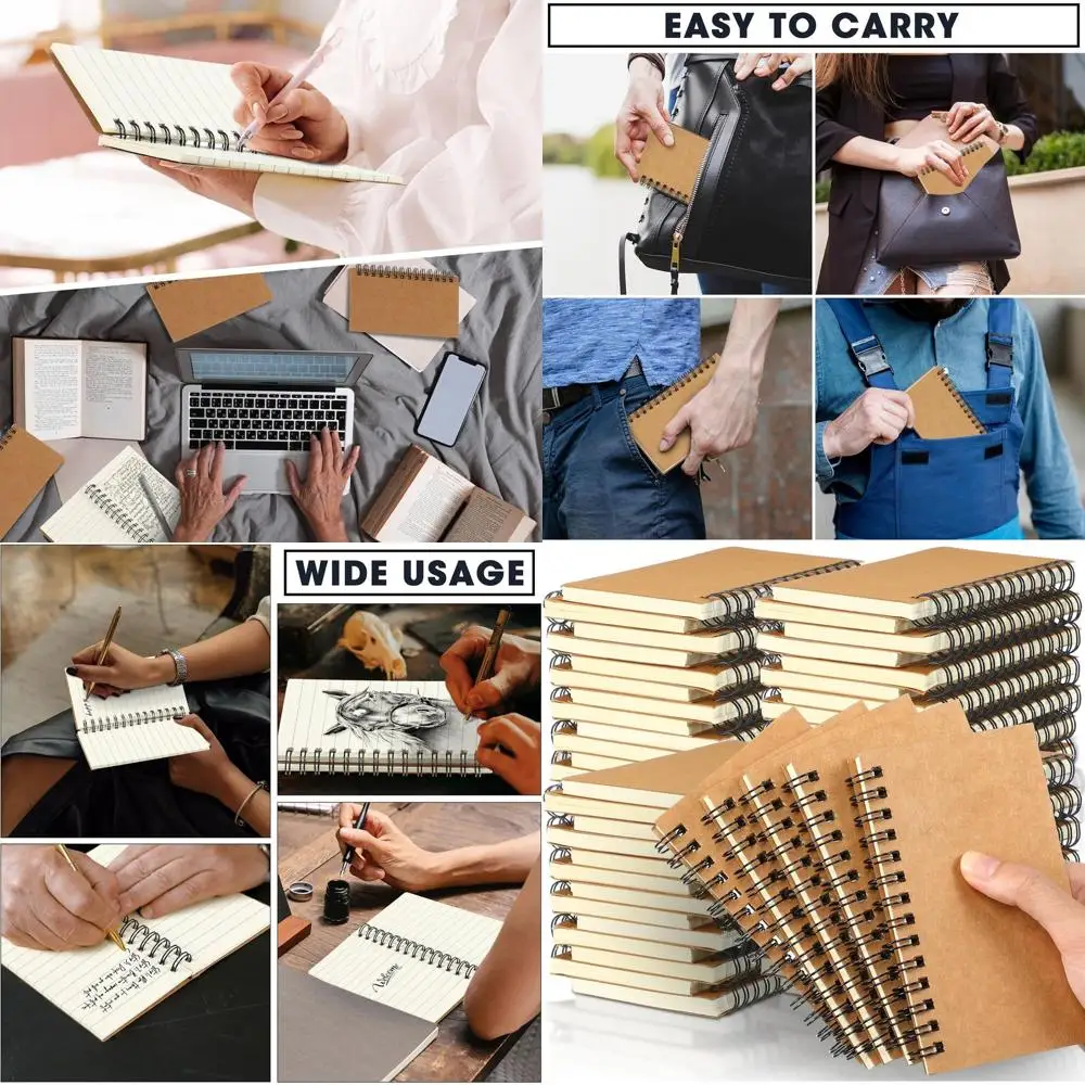 

Блокнот на 100 листов на спирали, карманный размер 5x3 дюйма, страницы с линейкой, крафт-обложка, для письма, рисования и офисного использования