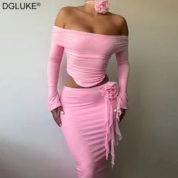 DGLUKE 3D Flower Applique 2 Piece Sets Womens Outfits Elegant Long Sleeve Top And Skirt Set Sexy Party Club Outfits For Women