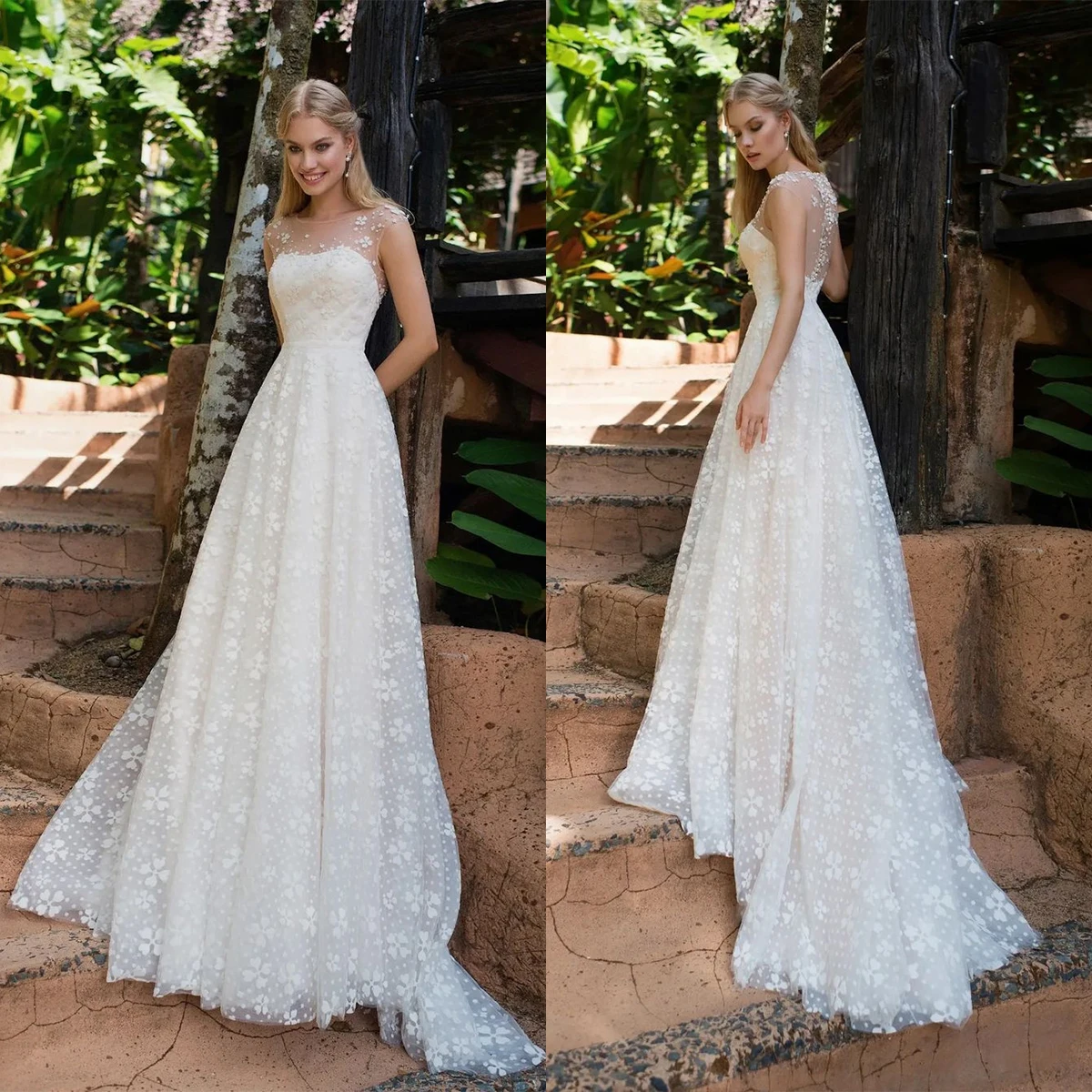 

Elegant A-Line Wedding Dresses Jewel Sleeveless Whole Body Flower Applicants With Little Pearls Court Gown Custom Made Plus Size