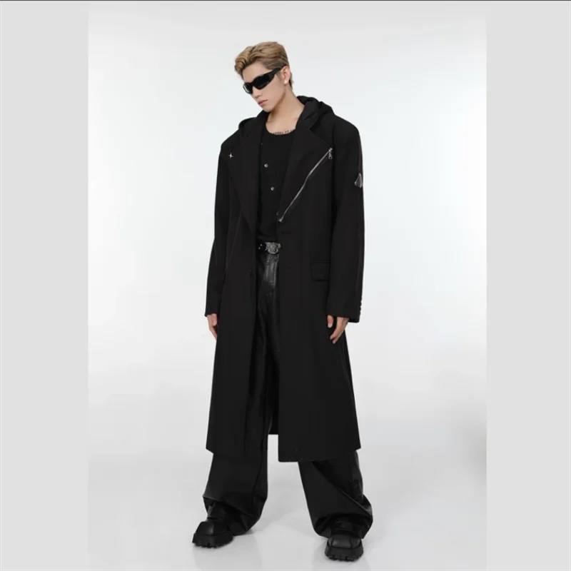 2023 Autumn and winter niche splicing design sense hooded coat men loose medium length over the knee trench coat tide