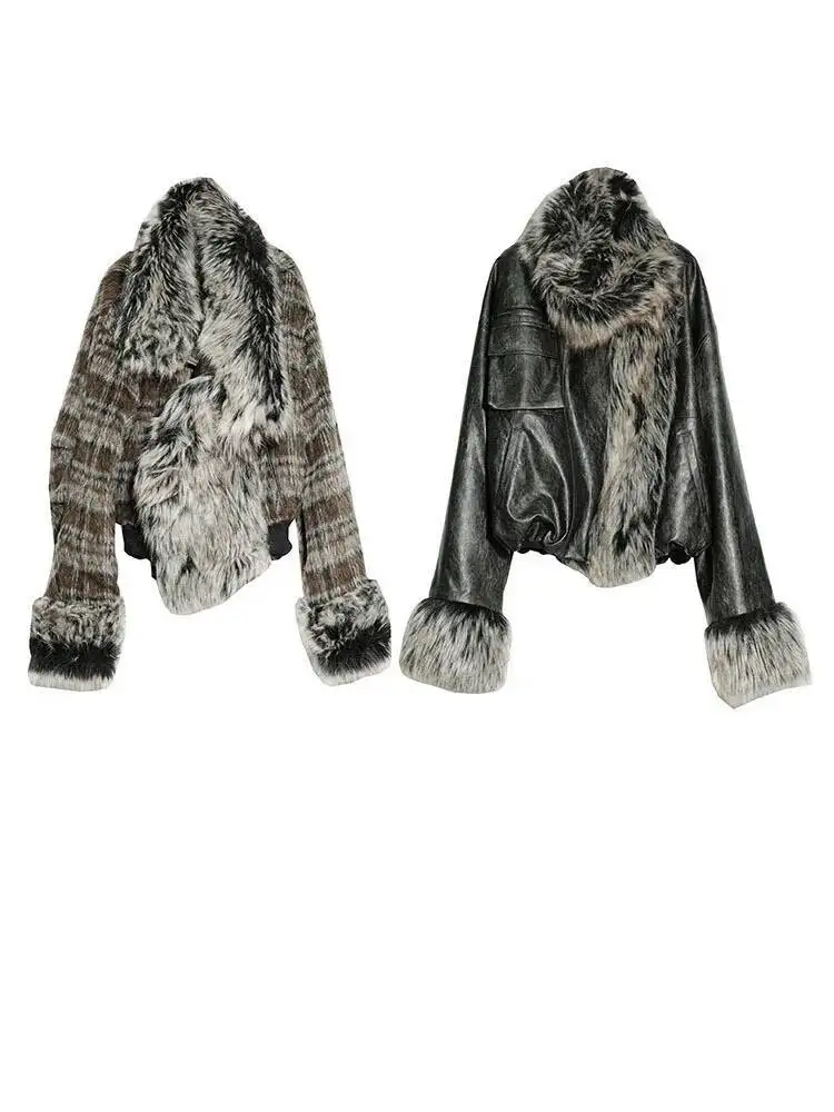 HUISONG Plaid Beide Seiten Tragen Leder Große Größe Faux Pelz Jacke Neue Revers Langarm Frauen Mantel Mode Herbst Winter 2025, mnt0n