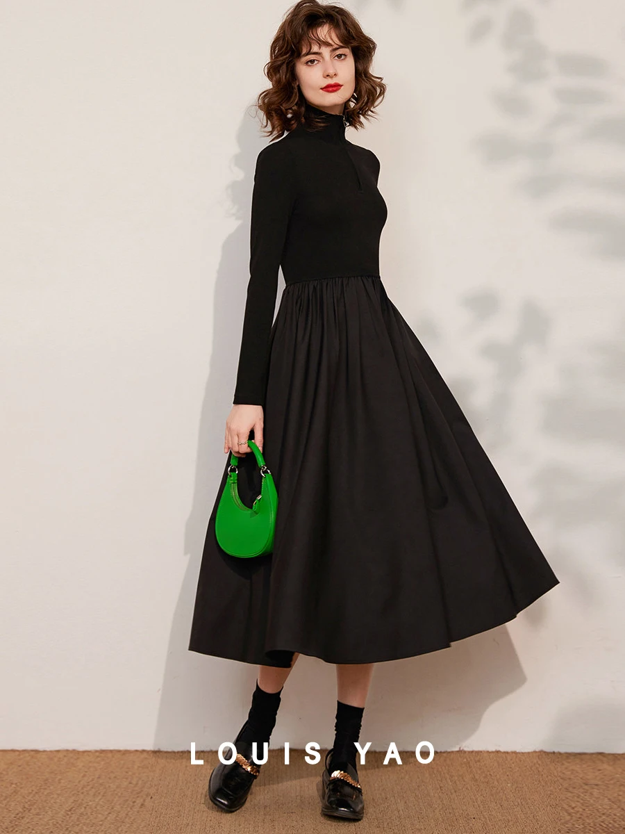 LOUIS YAO Women Dress 2024 Spring New Long Sleeve Stand Collar French Style Slim Fit Casual Fashionable Long Black Dress