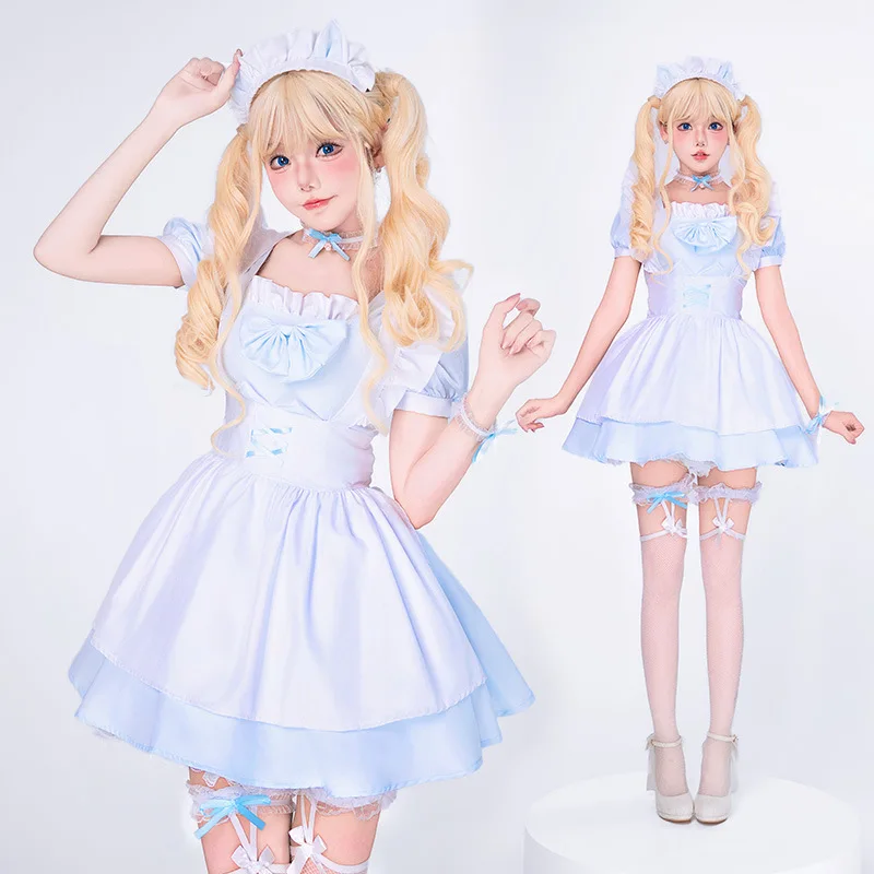 

Sakura Dream Maid Set Blush Pink Tiered Lolita Dress with Cat Ears Bows Kawaii Anime Cosplay Costume for Cafe Roleplay