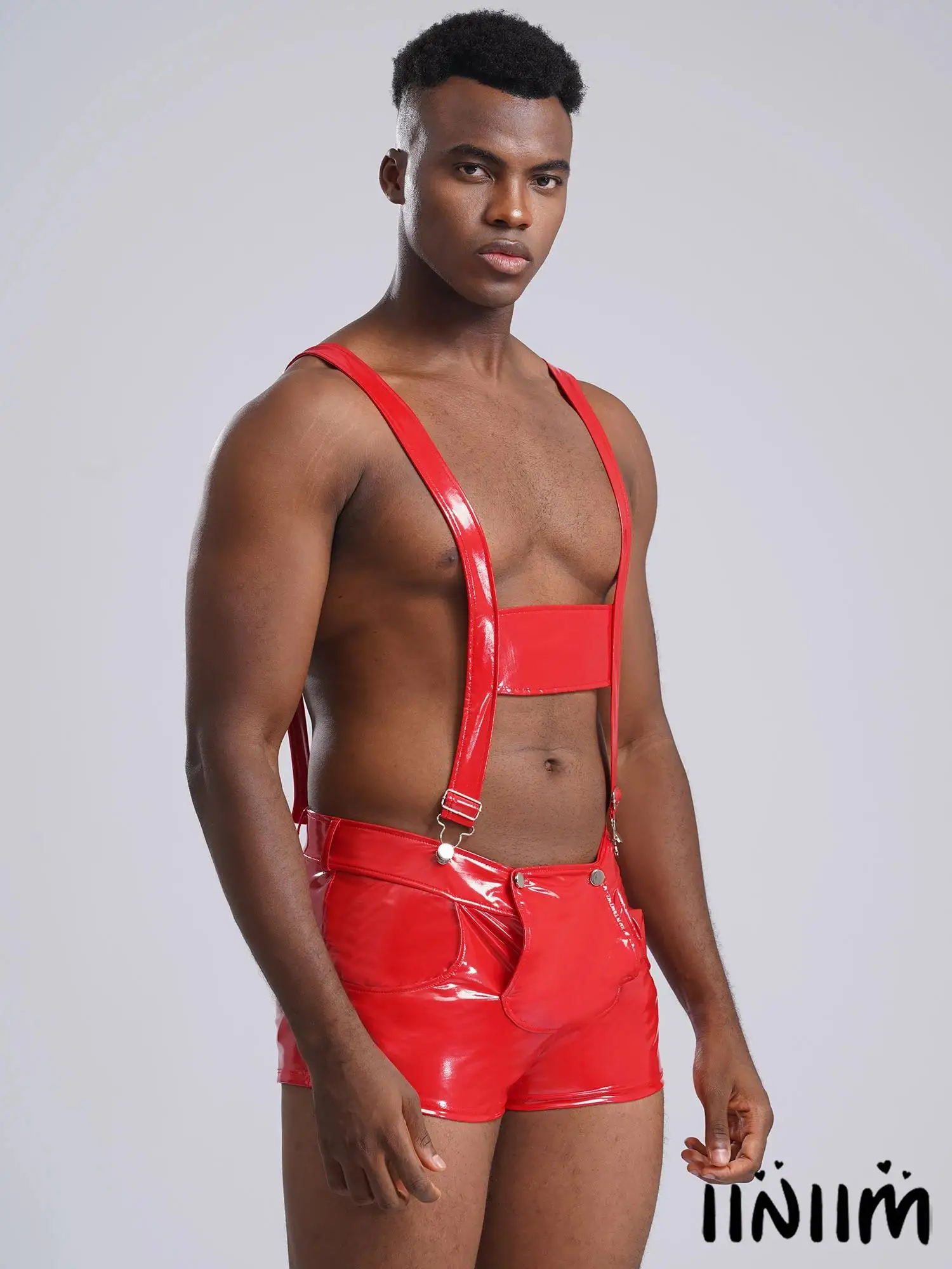 

Men Latex Short Pants Suspender Overalls Romper Club Wear Pole Dance Show Hot Pants Lingerie Costume One Piece Shorts Jumpsuit