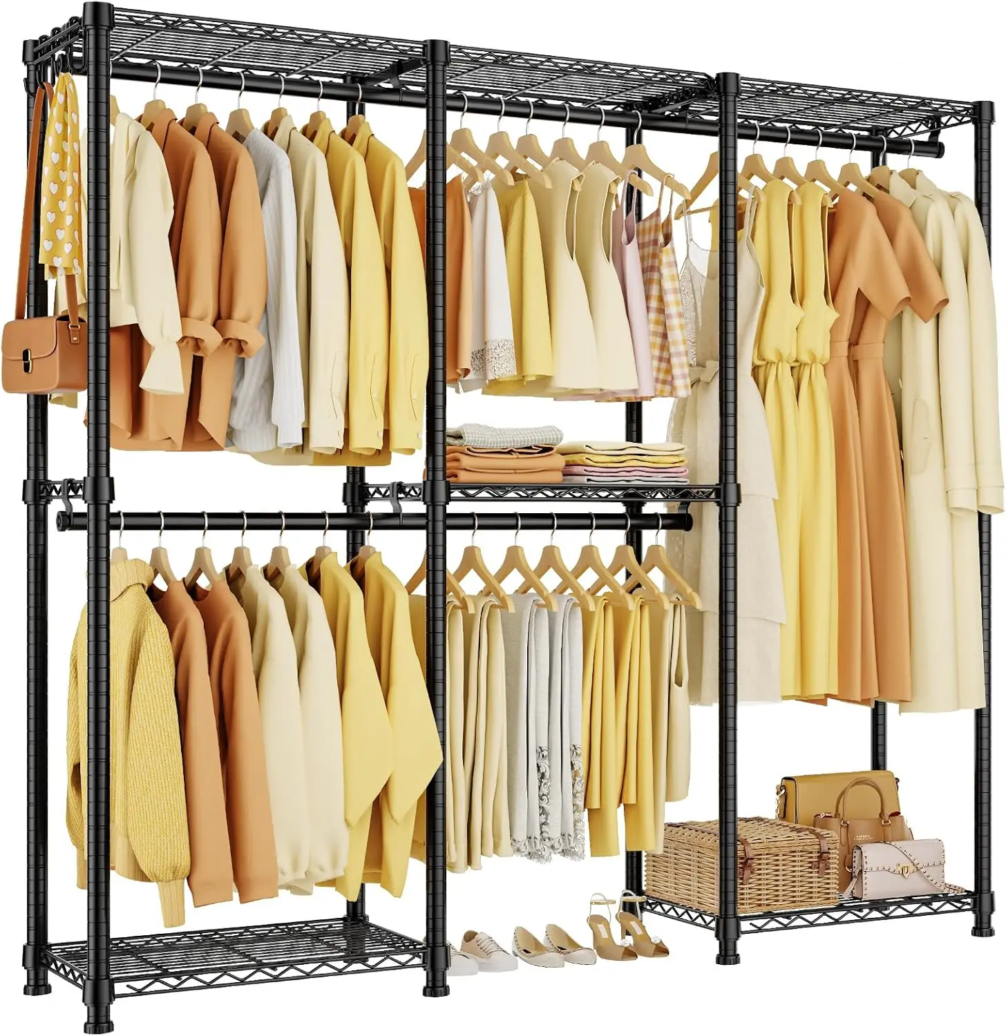 Heavy Duty Portable Closet Rack, Adjustable Garment Wardrobe with 4 Rods & Shelves, Black