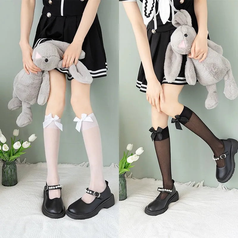 

JK Bowknot Calf Socks Thin Summer Stockings Slimming Calf Socks Trendy Japanese Loli Style Knee Length Socks