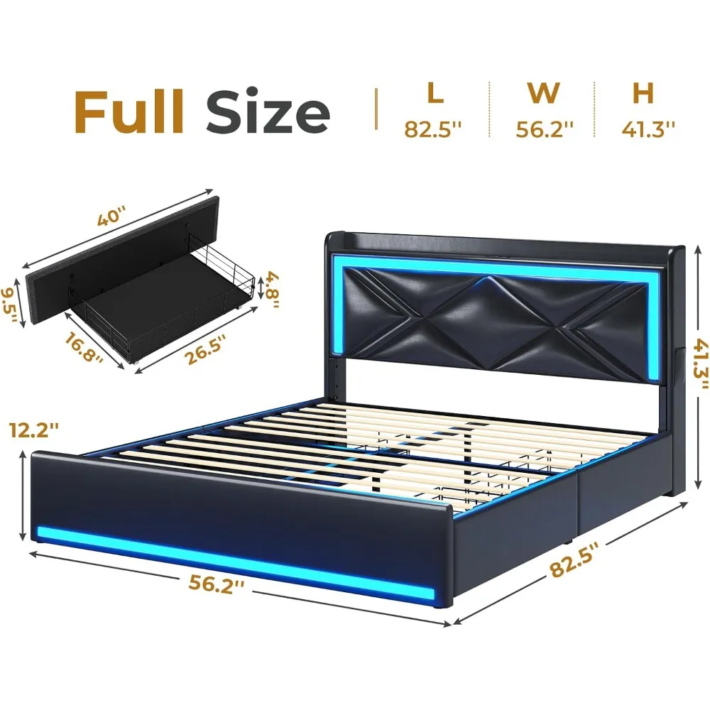 Bed Frame with Storage Headboard & 4 Drawers, Upholstered LED Bed Frame with Charging Station, Pu Leather Platform