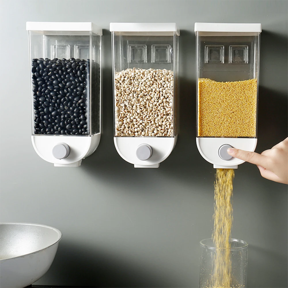 1000/1500ML Dry Food Dispenser Wall mounted Cereal Rice Dispenser 25 pounds Kitchen Storage Box with Measuring Cup