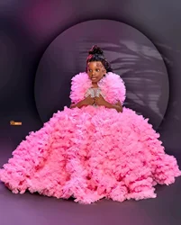 Luxury Pink Flower Girl Dresses For Wedding Applique Ruffles Toddler Pageant Ball Gown Kids Birthday First Communion Dress