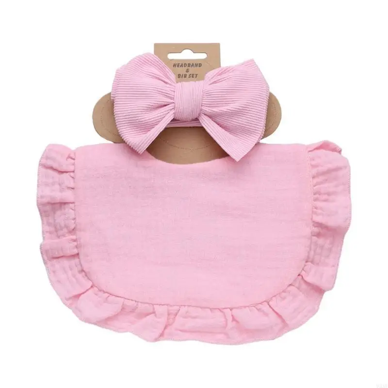 

95AE Elegant Cotton Baby Bibs & Headbands Set Newborn Bow Hairband with Drool Cloth for Boys Girls Newborn Shower Present
