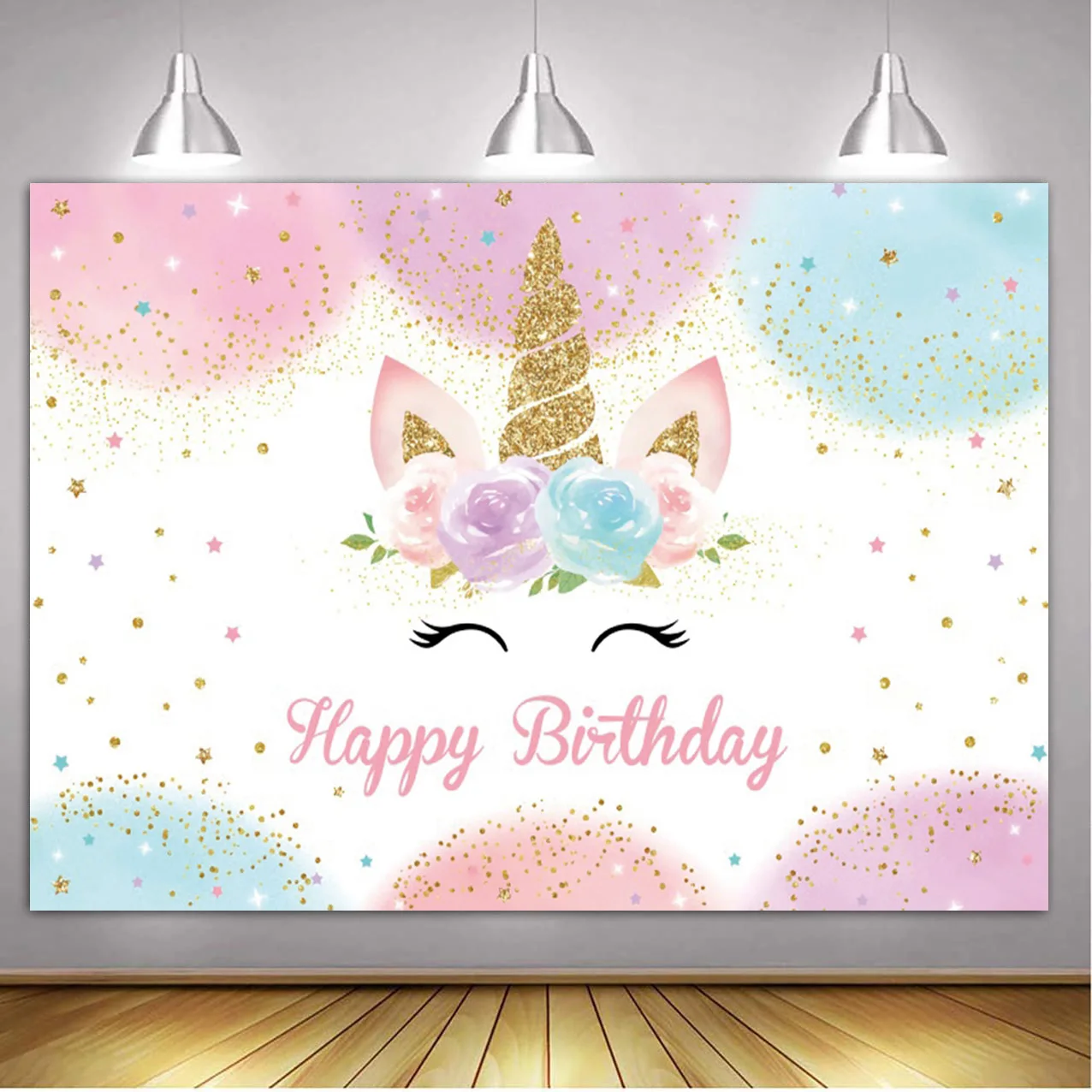 Rainbow Unicorn Backdrop Happy Birthday Party Decorations for Girls Watercolor Floral Glitter Stars Photography Background