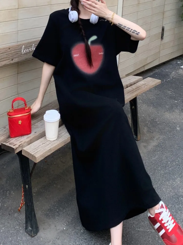 Plus Size Zomer Korte Mouwen T-shirt Jurk Vrouwen Elegante Vintage Losse Zwarte Vrouw Jurk Dames Jurken Vestidos