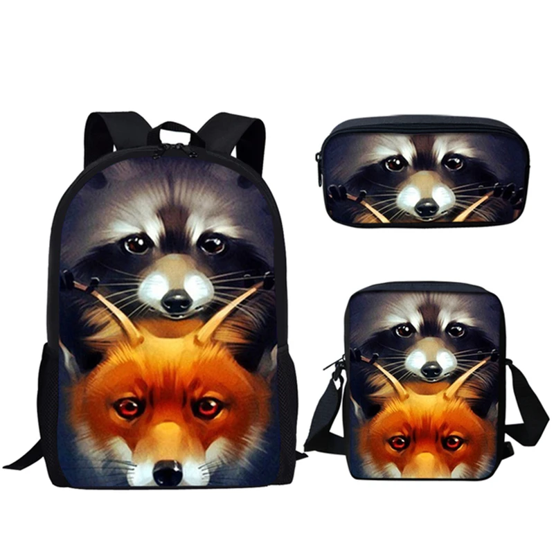 Creative Cool Fox Print 3Pcs School Bag Set Student Bookbag Laptop Daypack Lunch Bag Pencil Bag Teenager Daily Casual Backpack