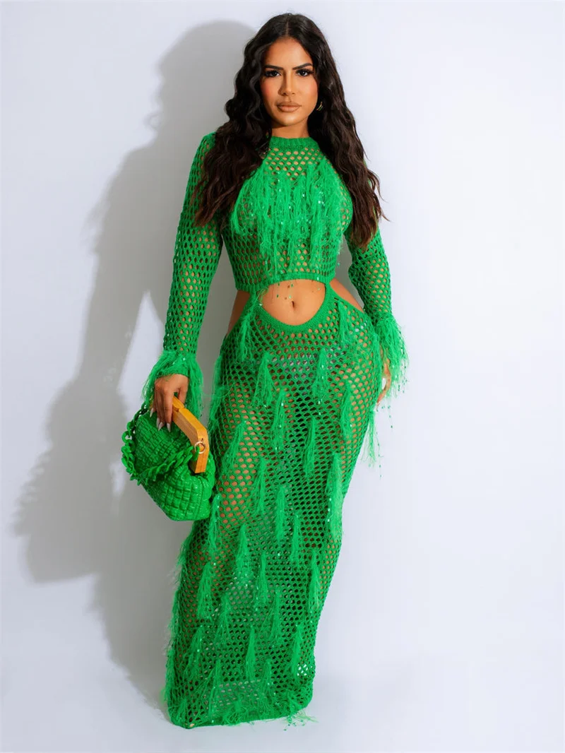 

Sexy Women Knitted Dresses Summer Long Sleeve Tassels Crochet Bikini Cover-ups Hollow Out Fringe Swimsuit Beach Cover Ups