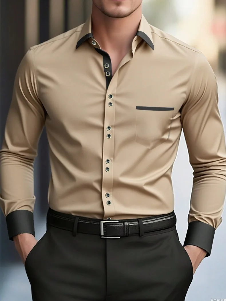 FGKKS Herrenhemd Brandneues Herren-Modehemd in Mehrfarbigem Patchwork-Design mit Langen Ärmeln und Elastischem Bund Smart Casual Männerhemd in Weiß – Detail 6