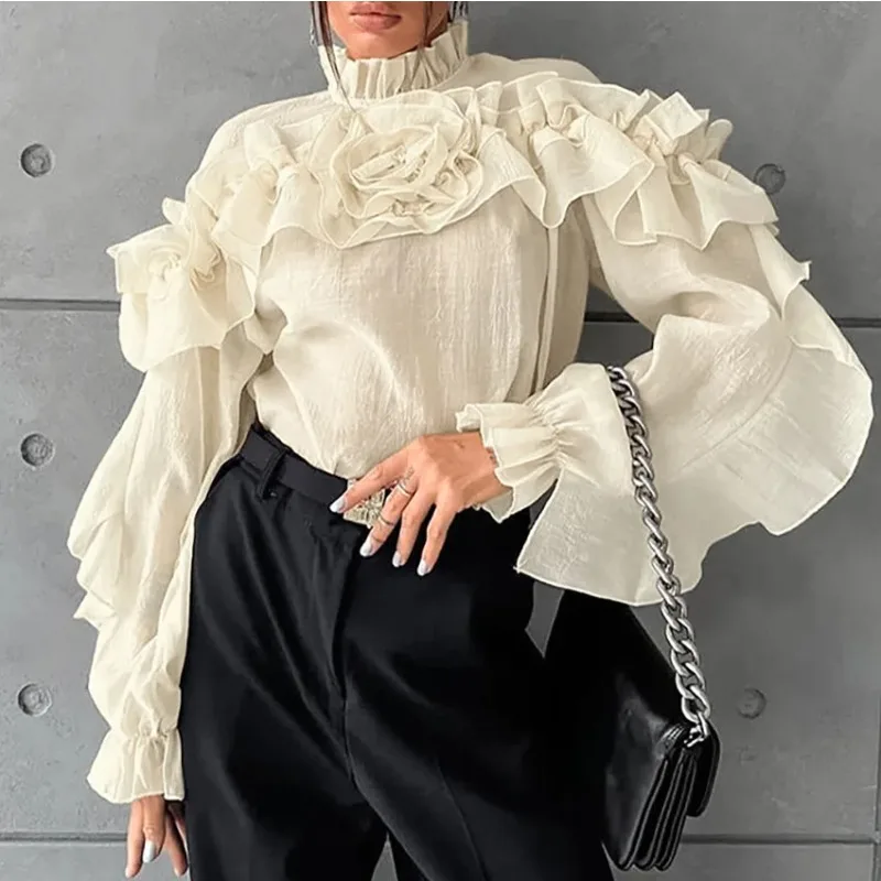 

2026 Women French 3D Flowers Mesh Gauze Stand Up Collar Shirt Design Sense Lotus Leaf Edge Niche Fashion Temperament Luxur