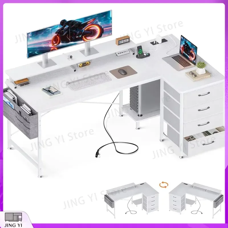 L Shaped Computer Desk 160x80cm Corner Desk with Drawers USB Charging Port Power Outlet Office