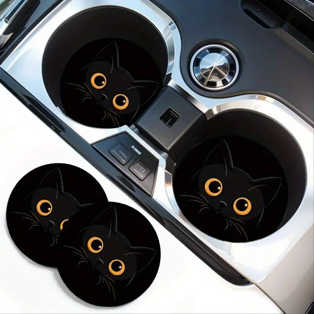 Black Cat Car Cup Holder Coasters Universal Fit Absorbent Non-Slip Base Car Interior Accessories
