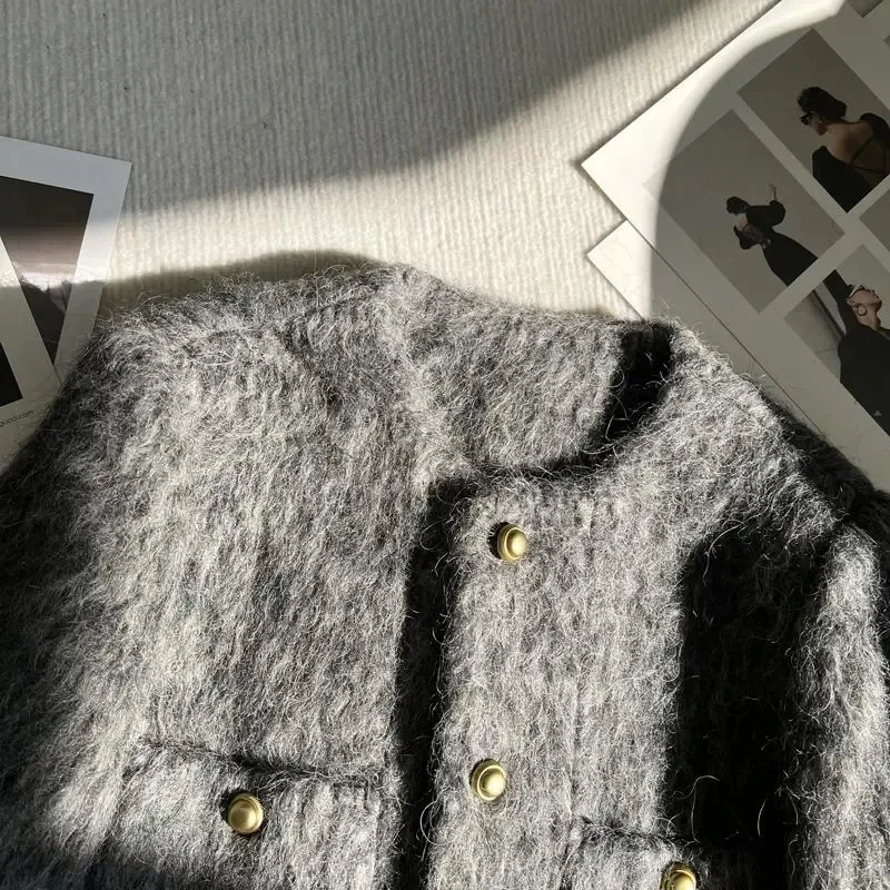 Korean Faux Fur Cropped Jacket for Women Autumn Elegant Single-Breasted Casual Coats Female Winter Korean Thick Warm Down Jacket