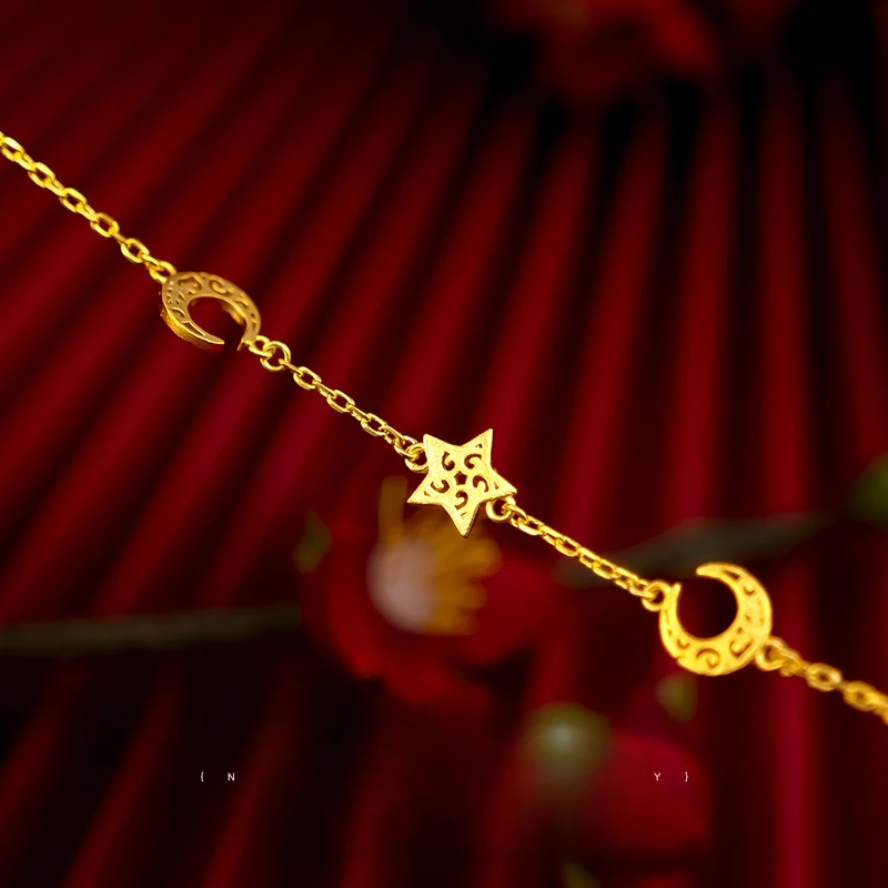 Luxury 100% Real 24K Gold Star Moon Delicate Chain Bracelet for Women, Celestial Charm Bangle, Birthday Gift