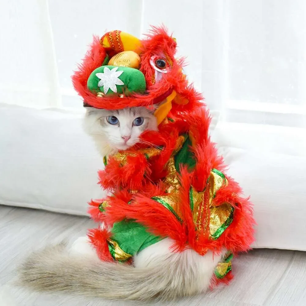

Christmas Funny New Year Pet Chinese Costume Dragon Dance Lion Dog Party Dress Up Red Festive Lucky Cat Clothes