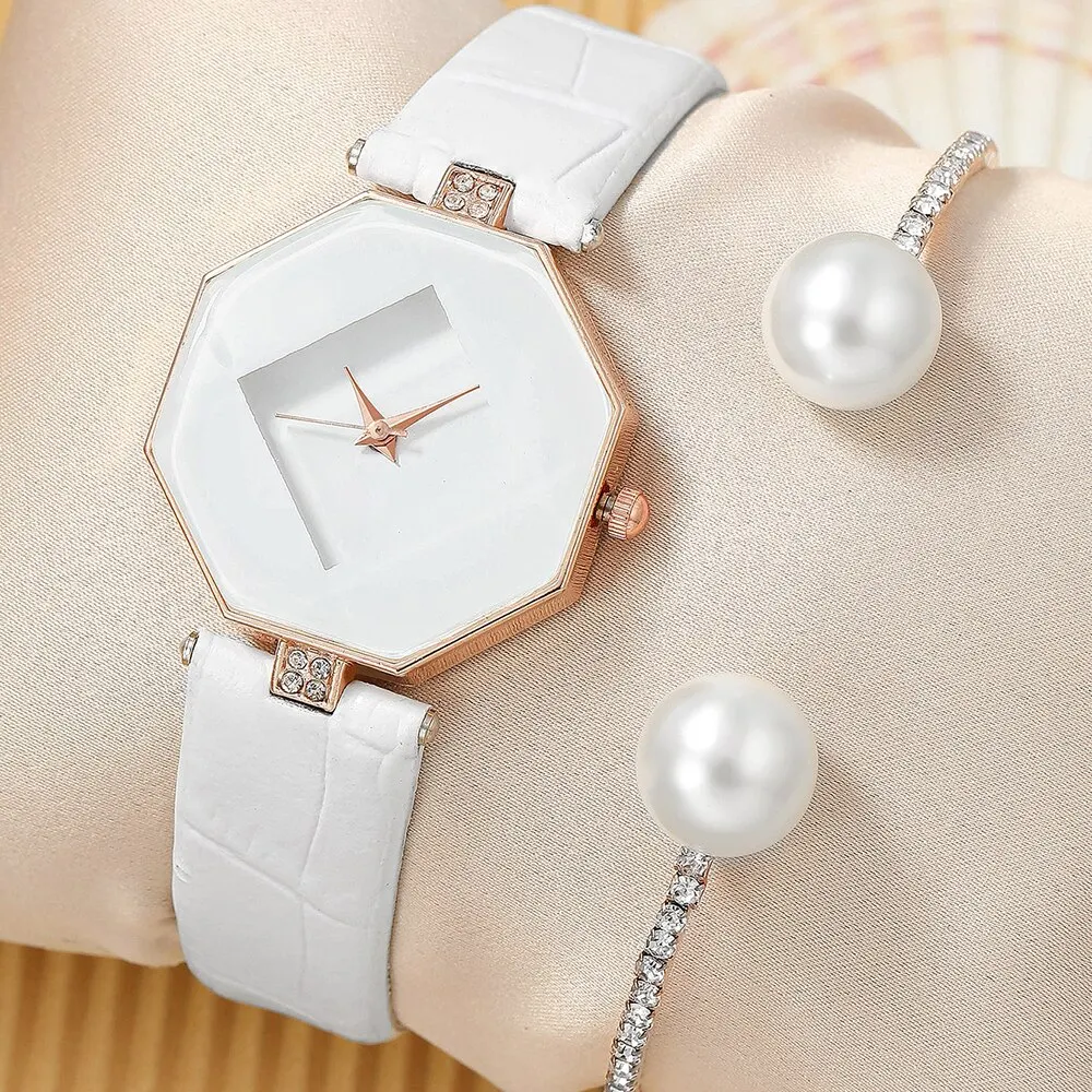 2pcs White Simple Watch Rhinestone Pearl Bracelet For Women Personality Irregularly Quartz Watch Bracelet Set