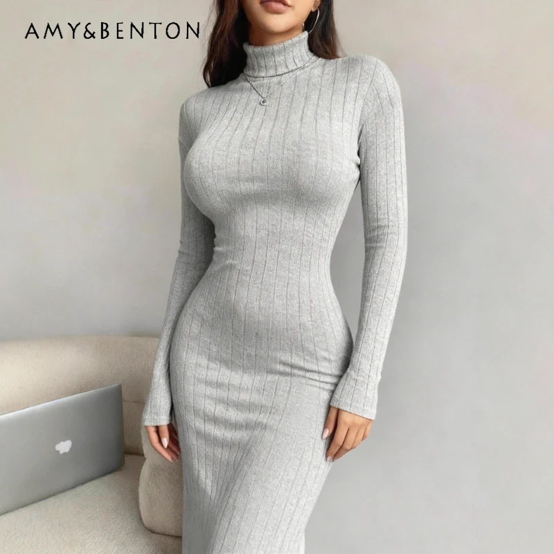 

2025 Autumn Winter New Women's Elegant Slimming Dress Fashion Sweet Cool Sexy Solid Color High Neck Long Sleeve Dresses Ladies