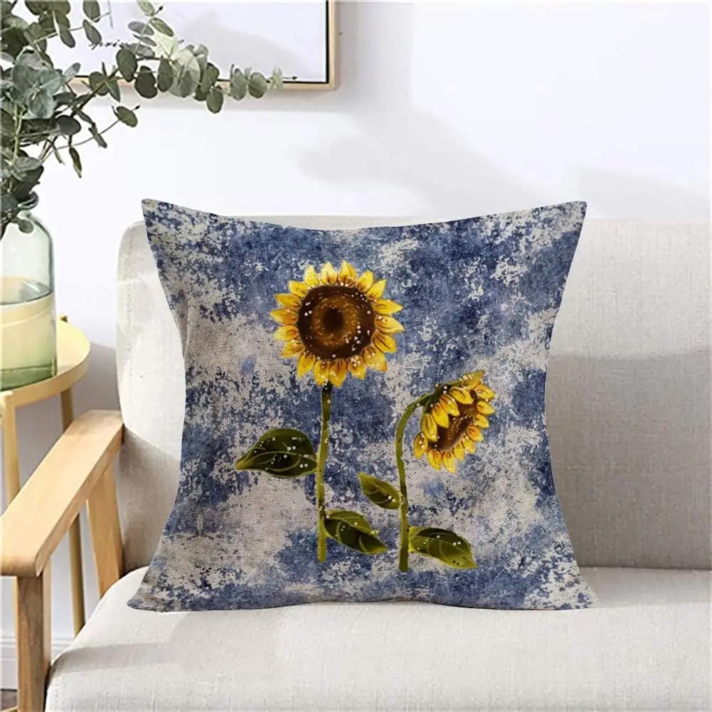 Flower Pillow Cover Blue Background Rose Flower Plant Pillowcase Linen 40x40cm Farmhouse Decoration Cushion Cover