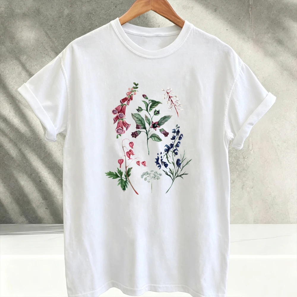 Botanical Witchy Poisonous Wild Flowers Printed Cotton T-Shirt Vintage Plant Illustration Graphic Short Sleeve Tee for Women