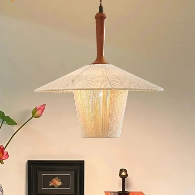

Japanese Wabi-sabi Pendant Lamp Vintage Solid Wood Chandelier for Living Room Dining Room Bar Hemp Rope Rattan Led Hanging Light