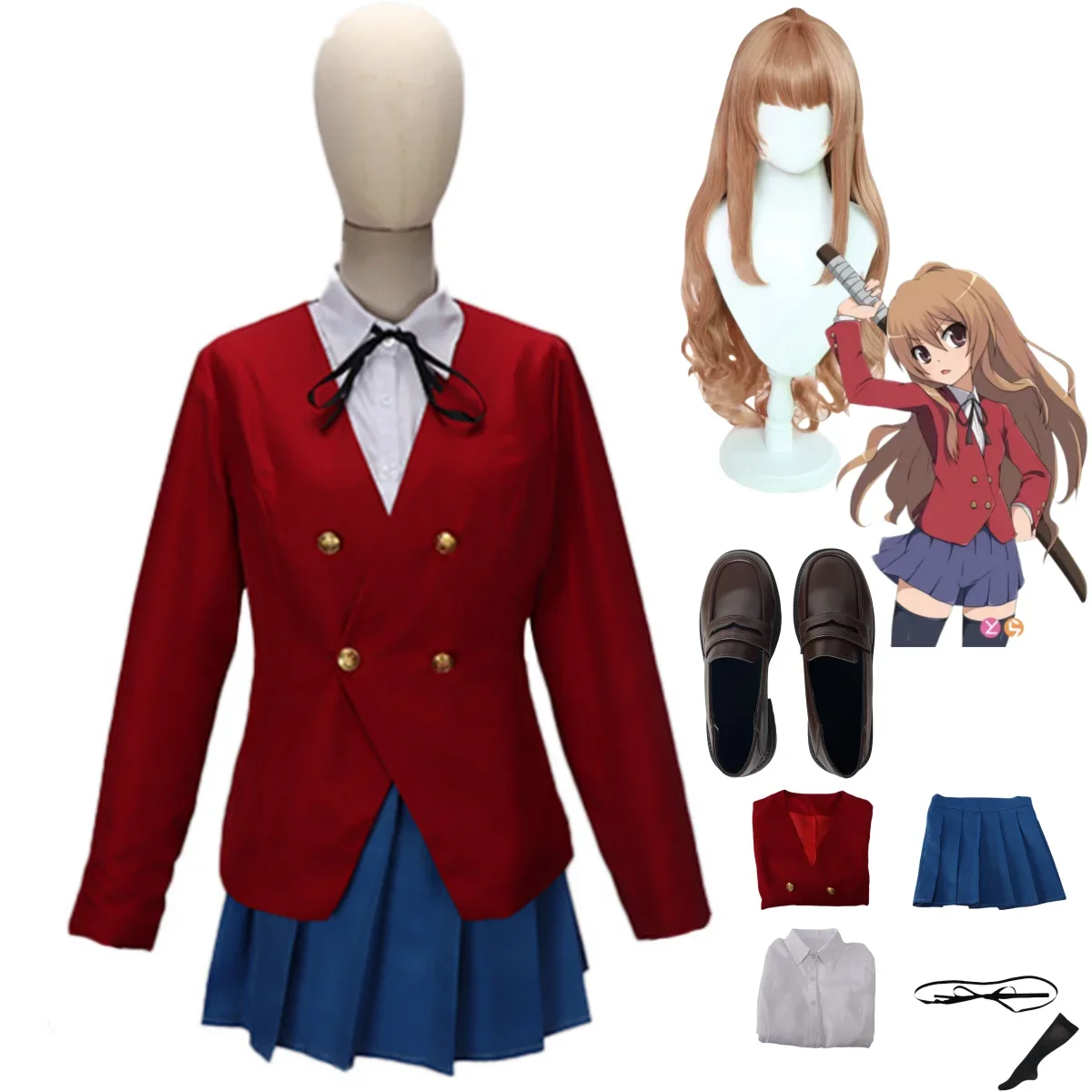 Anime TIGER DRAGON Toradora Aisaka Taiga Cosplay Costume Wig Red JK Uniform Leather Shoes Woman Sexy Kawaii Campus Party Suit