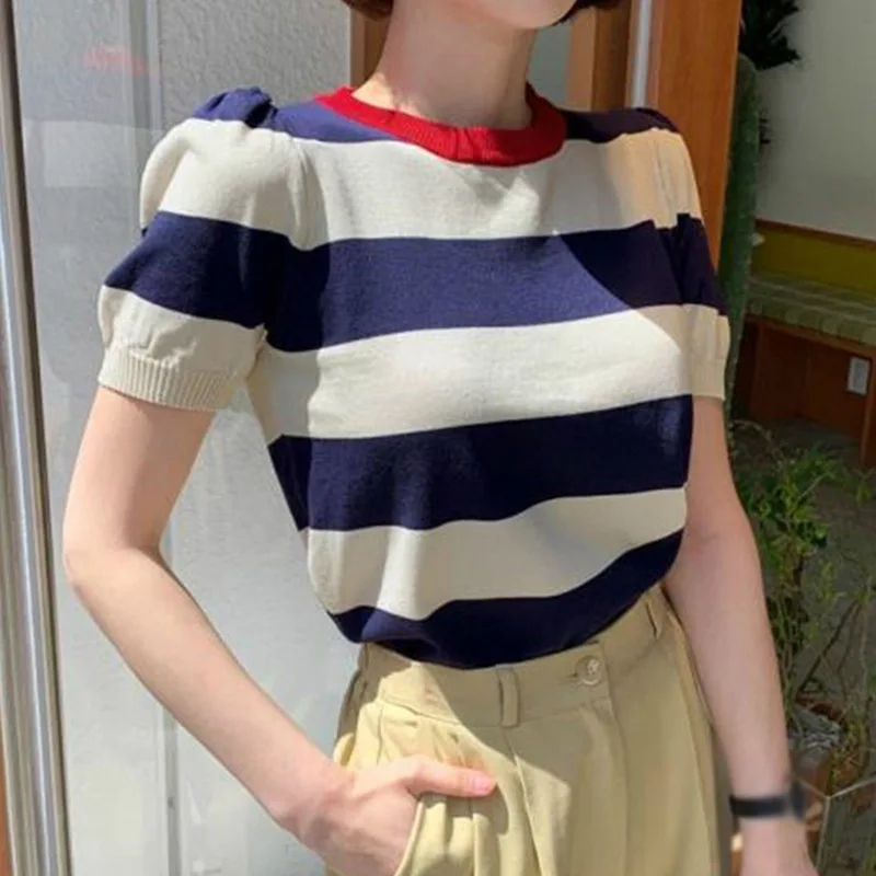 Korean Style Top Women O Neck Color Striped Casual Short Sleeve Slim Knitted T-Shirt Female Summer Clothing