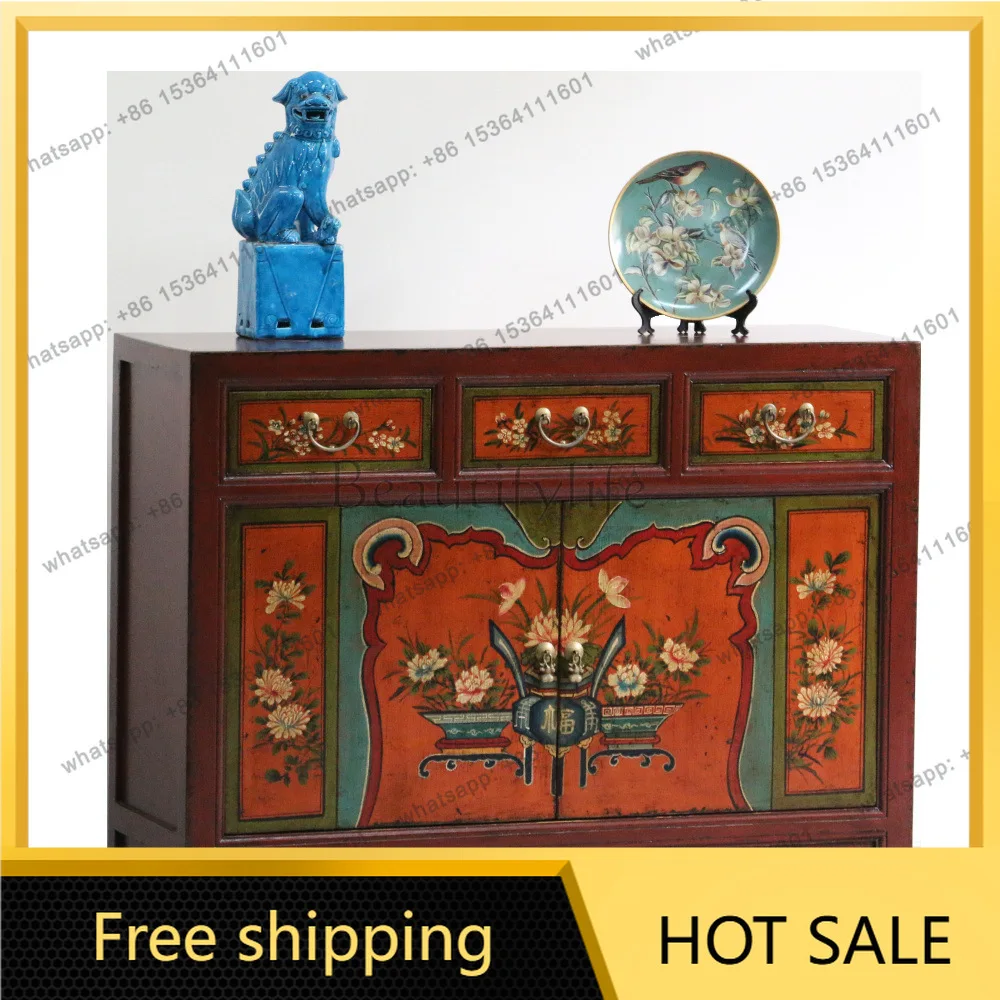 XX. New Chinese solid wood old retro classic hand-painted living room decoration side cabinet